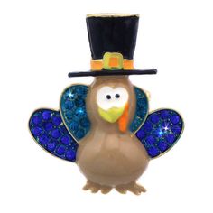 a glass turkey ornament with a top hat on it's head and eyes