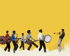 a group of men playing musical instruments in front of a yellow background