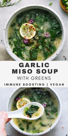 two bowls of garlic miso soup with greens, lemons and herbs in them