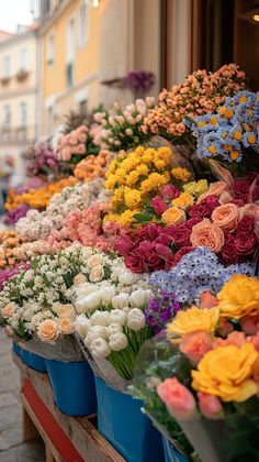 many different colored flowers are on display in buckets