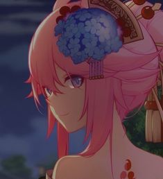 an anime character with pink hair and blue flowers on her head looking at the camera