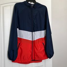 **Nwt** Russell Windbreaker Block Color- Navy, White & Orange Size M (38-40) Two Zipper Pockets Zipper Closure Attached Hood Navy Color Block Sporty Outerwear, Casual Orange Color Block Outerwear, Block Color, Russell Athletic, Navy White, Blue Orange, Zipper Pocket, Color Blocking, Mens Jackets