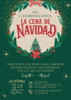 an event poster for the christmas season with holly wreaths and pine trees on green background