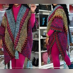 Multi Color Knit Poncho. Purple Crochet Cardigan For Fall, Fall Purple Crochet Cardigan, Purple One-size Poncho For Fall, One Size Purple Poncho For Fall, Purple Crochet Sweater For Fall, Fall Crochet Purple Sweater, Kente Fashion, Faux Fur Cardigan, Fur Cardigan