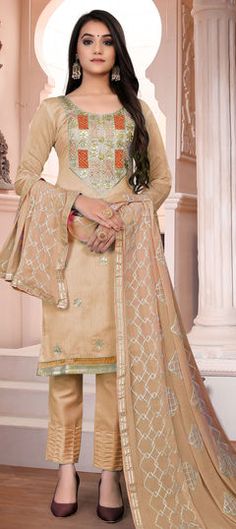 Beige and Brown color Salwar Kameez in Chanderi Silk fabric with Stone, Thread work Silk Bottoms, Salwar Kameez Designs, Muslin Fabric, Embroidery Suits, Silk Pants, Indian Ethnic Wear, India Fashion, Designer Suits, Pants Straight