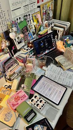 a cluttered desk with many items on it