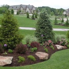 a garden with rocks and flowers in the foreground, houses in the back ground