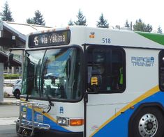 a white and blue bus driving down a street