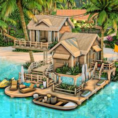 a boat floating on top of a body of water next to a wooden house surrounded by palm trees