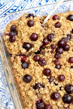 blueberries and oatmeal baked in a heart shaped dish