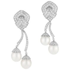 Hanging Diamond and Pearl Earrings made of 18K white gold, Set with 8.60 carat of round Diamond and 4 South Sea Pearls, 15.5-16MM Diamond And Pearl Earrings, White Gold Drop Earrings, South Sea Pearls Earrings, White Gold Set, Sea Pearl, Rhodolite Garnet, South Seas, South Sea Pearls, Sea Pearls