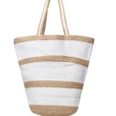 Virginia Wolf Woven Tote Bag - New - This Well Made Tote Stands Up When Bottom Opens So It Makes It Easier To Use At Beach Or Pool Or Shopping Measures 19” Across Top X 16” Jute And Cotton Trendy White Bucket Bag, Trendy White Bucket Beach Bag, White Canvas Bag For Vacation, Trendy White Canvas Bucket Bag, White Casual Canvas Beach Bag, Casual White Shoulder Beach Bag, White Casual Canvas Bag For Beach, White Casual Bucket Bag, Summer Style White Shoulder Bag For Daily Use