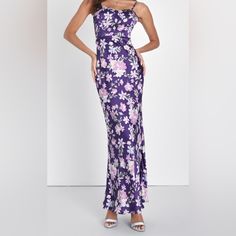 Botanical Beauty Purple Floral Print Satin Bustier Maxi Dress A Whimsical Floral Print Decorates Luxe Woven Satin That Shapes A Bustier-Style Bodice With Seamed Cups, A Sweetheart Neckline, And Adjustable Spaghetti Straps. The High, Fitted Waist Tops A Figure-Skimming Column Skirt That Cascades Down To A Sweeping Maxi Hem. Smocked Panel At Back For Fit. Hidden Back Zipper/Clasp. Lined. Shell: 100% Polyester. Lining: 100% Polyester. Evening Maxi Dress With Purple Floral Print, Purple Floral Dress For Party, Purple Floral Print Formal Dress, Formal Purple Floral Print Dress, Lulus Floral Dress, Burgundy Maxi Dress, Red Skater Dress, Wrap Sweater Dress, Lace Halter Dress