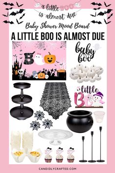 a pink and black halloween themed baby shower is featured in this post - it - yourself image