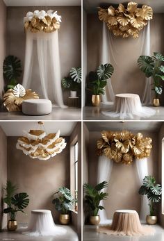 four different shots of gold and white decor