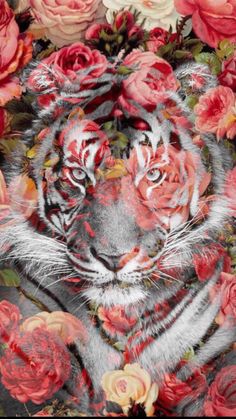 a tiger surrounded by flowers and roses in the middle of it's face,