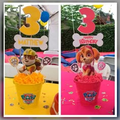 3rd Birthday Centerpieces, Skye Paw Patrol Centerpieces, Paw Patrol Table Centerpieces, Paw Patrol Gift Ideas, Paw Patrol Rubble Birthday Party, Rubble Paw Patrol Party Ideas, Paw Patrol Party Table