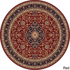 a red and blue rug with an ornate design on the center, surrounded by other decorative elements