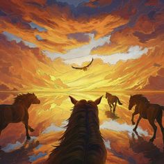 three horses are running in front of an orange and yellow sky with a plane flying overhead