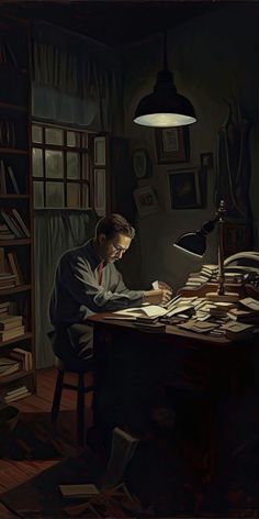 a man sitting at a desk in front of a lamp and papers on the table