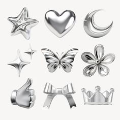 a set of silver metal objects including hearts, stars, and moon on a white background