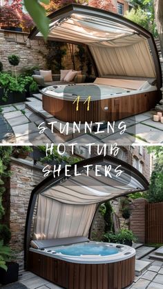 an outdoor jacuzzi with the words turning hot tub shelter