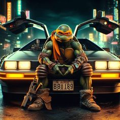 teenage mutant sitting on the hood of a car