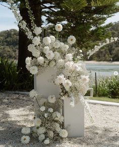 white flowers and greenery are arranged in a vase on the ground next to a body of water