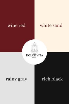 wine red, white sand, and black are in the color palettes for each room