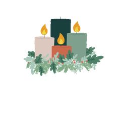 three lit candles surrounded by greenery and pine cones on a white background with the words merry christmas written below