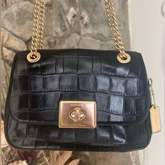 Coach Embossed Crocodile Black Cassidy Chain Crossbody Handbag (Style F38081) Condition: Good Used Condition, Minor Signs Of Wear Throughout As Seen In Photos (Minor Scratches, Scuffs, Worn Leather, Creasing) Details: Crocodile-Embossed Leather Turnlock Closure Suede Fabric Lining Strap Convert To Shoulder Length With 22 1/2" Drop Outside Slip Pocket Dimensions: 9 1/2" (W) X 6 1/2" (H) X 3 1/4" (D) Bags Coach, Suede Fabric, Shoulder Length, Fashion Handbags, Embossed Leather, Emboss, Coach Bags, Cross Body Handbags, Bag Lady