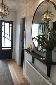 an entry way with a mirror and plants on the shelf