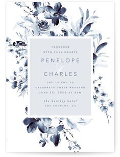 a wedding card with watercolor flowers and leaves on the front, in black and white