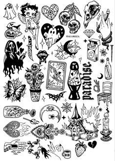 black and white drawing of halloween tattoos