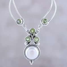 Cultured Pearl and Peridot Pendant Necklace from India - Radiant Princess | NOVICA May Pearl Pendant Necklace, May Birthstone Pearl Pendant Necklace, Elegant Peridot Necklaces For Wedding, Green Pearl Necklace For Formal Occasions, Formal Green Pearl Necklaces, Green Pearl Pendant Necklace For May Birthstone, Green Necklaces With Pearl Pendant For May Birthstone, Green Pearl Pendant Jewelry, Green Pearl Pendant Jewelry As Gift