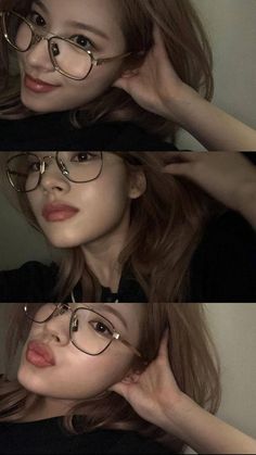 three pictures of a woman wearing glasses