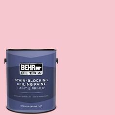 a pink paint with the words behr ultra stain - n - looking ceiling paint and primer