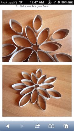 two pictures of paper flowers on top of a wooden table