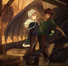 two people standing next to each other near a dragon