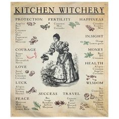 "Kitchen Witch Tapestries size 50\" x 60\" This tapestry will create maximum design impact on your room. The one-sided print is vivid and meant to last. Machine wash separately, cold water, delicate cycle, mild detergent, no bleach. Line Dry." Kitchen Witch Recipes, Magic Herbs, Kitchen Witchery, Witchcraft Spell Books, Witch Spell Book, Herbal Magic, Witch Spell