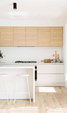 two stools are in front of the kitchen counter