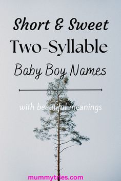 a baby boy is standing next to a tree with the words short & sweet two - syllable baby boy names