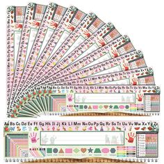 a set of planner stickers with hand prints and numbers on each one side, in different colors