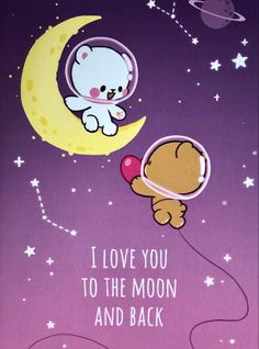 i love you to the moon and back card with teddy bear in space on purple background