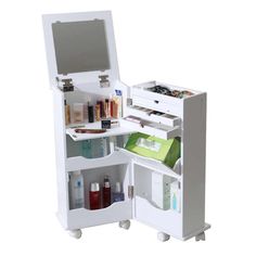 an open white cabinet with cosmetics and other items in it's drawers on wheels