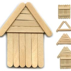 wooden popsicle house shapes are shown on a white background