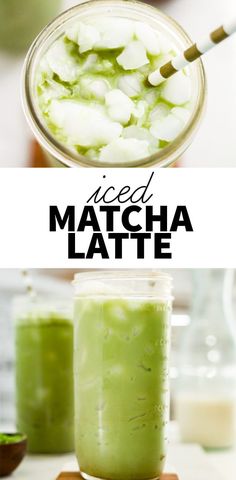 two jars filled with green liquid sitting on top of a wooden cutting board next to each other