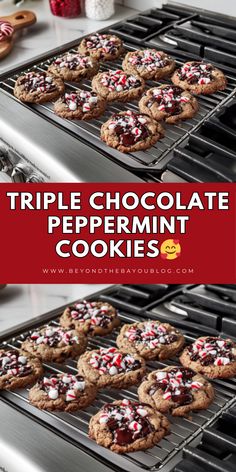 triple chocolate peppermint cookies cooling on an oven rack with the words triple chocolate peppermint cookies