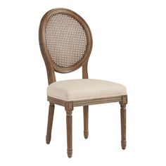 a wooden chair with a beige upholstered seat and back cushion on an isolated white background