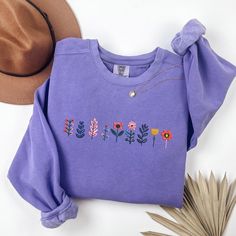 Wildflower Sweatshirt Embroidered Comfort Colors Fall Floral Embroidered Crewneck, Autumn Leaves and Flower Sweatshirt, MADE IN USA Fall Cotton Tops With Floral Embroidery, Floral Embroidered Cotton Tops For Fall, Purple Floral Embroidery Top For Fall, Purple Floral Embroidered Top For Fall, Embroidered Long Sleeve Sweatshirt For Spring, Spring Long Sleeve Sweatshirt With Floral Embroidery, Spring Floral Embroidery Long Sleeve Sweatshirt, Spring Floral Embroidered Long Sleeve Sweatshirt, Long Sleeve Cotton Tops With Machine Embroidery